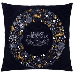 Kalėdinis dekoratyvinės pagalvėlės užvalkalas Merry Christmas, aukso sp./balta sp./tamsiai mėlyna sp., 40 cm x 40 cm