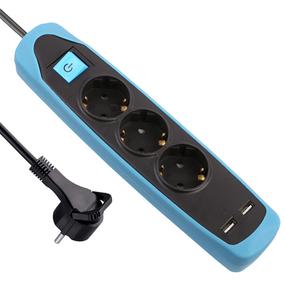 Удлинитель Electraline, 3 x 1 mm², 2 м, 3 розетки, с выключателем, черный цв./голубой цв.