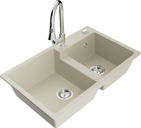 Plautuvė su virtuviniu maišytuvu Mexen Tomas Beige+Chrome, granitas, 80 cm x 50 cm x 19 cm, beige+chrome sp.
