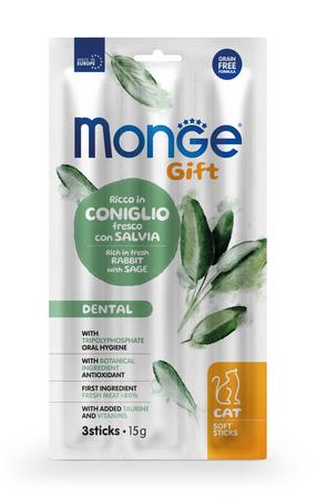 Kārumi kaķiem Monge Gift Soft Sticks Dental, truša gaļa/salvija, 0.015 kg, 3 gab.