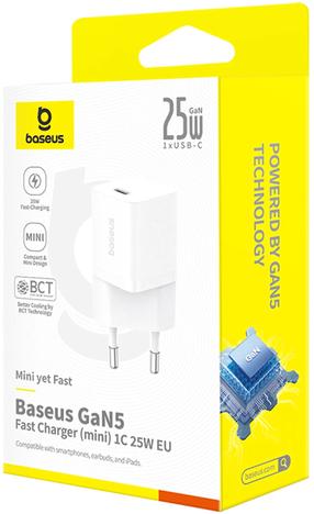 Telefona lādētājs Baseus GaN5, USB Type C, balta krās., 25 W