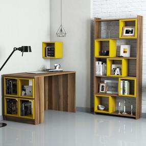 Biuro baldų komplektas Kalune Design Box Desk & Bookshelf & Wall Shelf, geltona sp./riešuto sp., 170 cm x 22 cm x 80 cm