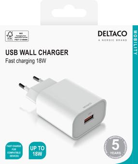 Зарядное устройство для телефона Deltaco USB-AC182, USB Type A, белый цв., 18 Вт