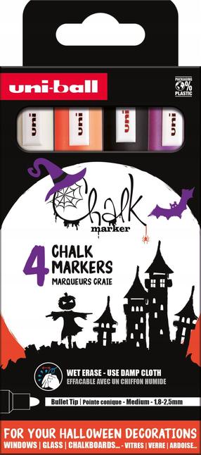 Меловой маркер Uni-Ball Halloween, белый цв./черный цв./oранжевый цв., 4 шт.