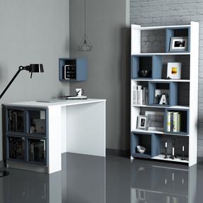 Biuro baldų komplektas Kalune Design Box Desk & Bookshelf & Wall Shelf, mėlyna sp./balta sp., 170 cm x 22 cm x 80 cm