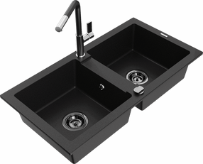 Кухонный умывальник с кухонным смесителем Mexen Mario Black+Black/Chrome, гранит, 82 см x 43 см x 16.1 см, черный цв./хромовый цв.