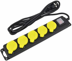 Удлинитель AWTools AW24704, 3 x 1,5 mm², 3 м, IP44, 5 розеток, с выключателем, черный цв./желтый цв.