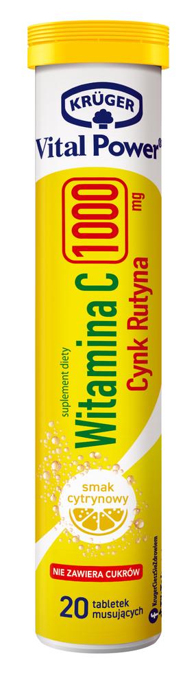 Toidulisand, c-vitamiin 1000 mg tsingi ja rutiiniga Kruger Vital Power, sidruni maitse, 80 g, 20 tk