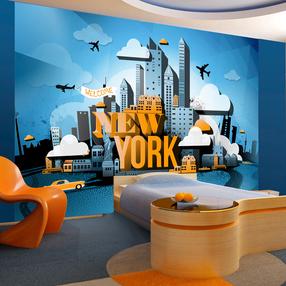 Fototapetas Artgeist Street Art - Yellow New York Text With Skyscraper And Car Motif NEW010499, 245 cm x 245 cm