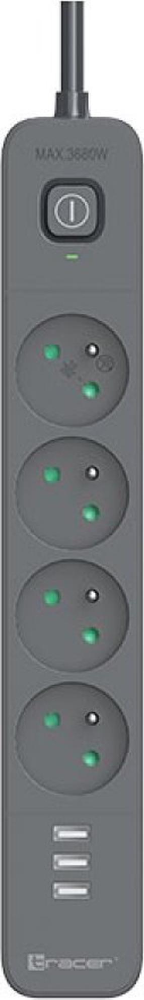 Pikendusjuhe Tracer 47027, 1.5 m, 4 pesa, 3USB, lülitiga, grafiit v.