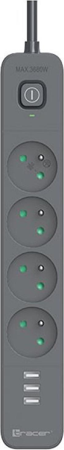 Pikendusjuhe Tracer 47027, 1.5 m, 4 pesa, 3USB, lülitiga, grafiit v.