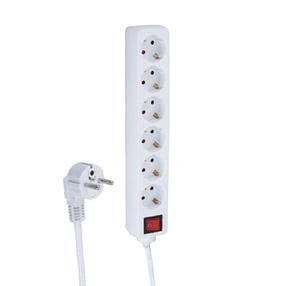 Pagarinātājs Okko, 3 x 1,5 mm², 5 m, 6 ligzdas, ar slēdzi, balta krās.