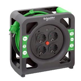 Pagarinātājs ar spoli Schneider Electric, 3 x 1 mm², 15 m, 4 ligzdas, melna krās./zaļa krās.