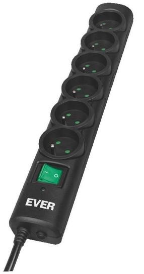 Pagarinātājs Ever T/LZ08-OPT015/000, 1.5 m, 6 ligzdas, ar slēdzi, melna krās.
