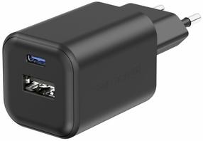 Kelioninis įkroviklis Swissten Travel GaN PD, USB Type C/USB Type A, 5 cm, juoda sp., 45 W