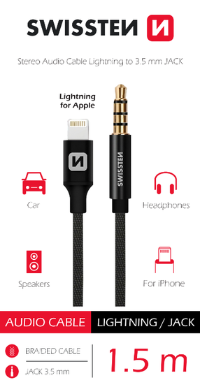 Adapteris Swissten Textile Audio 73501213 Lightning, 3.5 mm, 1.5 m, melna krās.