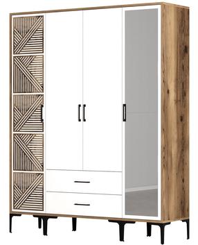 Riidekapp Kalune Design Kumsal PTR, valge v./pähklipuu v., 47.5 cm x 160 cm x 201.4 cm, peegliga