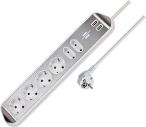 Pikendusjuhe Brennenstuhl, 3 x 1,5 mm², 2 m, 6 pesa, 2USB, valge v./hõbe v.
