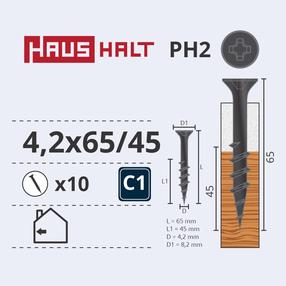 Puidukruvi, keeratavad puu sisse Haushalt PH2, 4.2 x 65 mm/45 mm, hall v., 10 tk