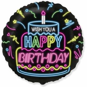 Balionas apvalus Flexmetal Happy Birthday Neon, juoda sp./įvairių spalvų