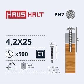 Саморез Haushalt DIN 14566, 4.2 мм x 25 мм, 500 шт.