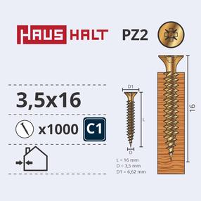 Puidukruvi, universaalsed Haushalt PZ2, 3.5 x 16 mm, kollane v., 1000 tk