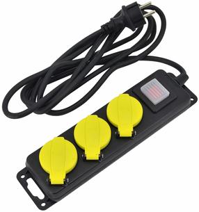 Удлинитель AWTools AW24703, 3 x 1,5 mm², 5 м, IP44, 3 розетки, с выключателем, черный цв./желтый цв.