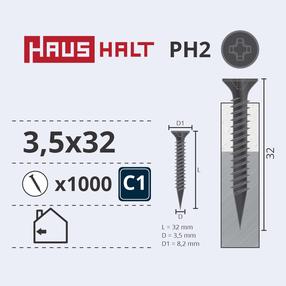 Medsraigtis, įsukami į metalą Haushalt, 3.5 x 32 mm, pilka sp., 1000 vnt.
