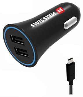 Automobilinis įkroviklis Swissten, 2 x USB/USB-C, juoda sp.