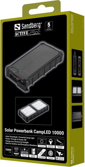 Nešiojamas įkroviklis (Power bank) Sandberg Solar Powerbank CampLED 10000, 10000 mAh, 22.5 W, juoda sp.