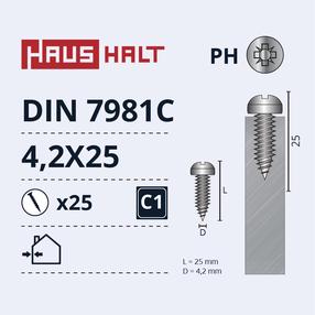 Саморез Haushalt DIN7981C, 4.2 мм x 25 мм, 25 шт.