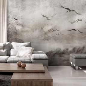 Fototapeet Artgeist Swan flight - abstract landscape of birds over a lake with texture, 280 cm x 400 cm