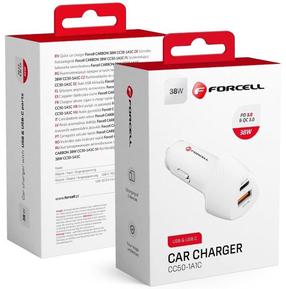 Auto laadija Forcell CC50-1A1C, USB/Cigarette Lighter Socket/USB-C, valge v., 38 W