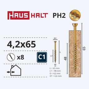 Medsraigtis, osb plokštėms Haushalt ZN PH, 4.2 x 65 mm, geltona sp., 8 vnt.