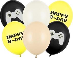 Balionų rinkinys apvalus PartyDeco Happy Birthday, balta sp./juoda sp./geltona sp., 6 vnt.