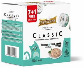 Mitrā kaķu barība Princess Classic, vistas gaļa/tunzivis, 0.07 kg, 8 gab.