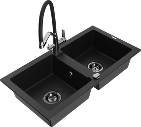 Кухонный умывальник с кухонным смесителем Mexen Mario Black+Black/Chrome, гранит, 82 см x 43 см x 16.1 см, черный цв./хромовый цв.