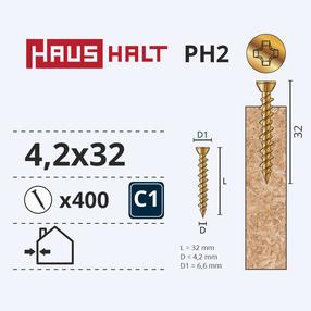 Medsraigtis, osb plokštėms Haushalt, 4.2 x 32 mm, geltona sp., 400 vnt.