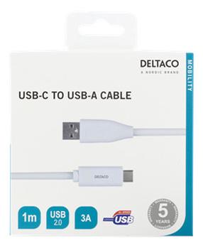Vads Deltaco Baltic, USB Type A/USB Type-C, 100 cm, balta krās.