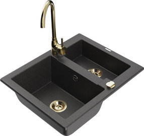 Virtuvinė plautuvė Mexen Carlos 6518581500-76+670200-50+66921-50, granitas, 58 cm x 47 cm x 17.7 cm, black granite+gold sp.