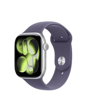 Viedais pulkstenis Apple Watch Series 11 GPS + Cellular 46mm MFCP4ET/A, silver alumīnija korpuss ar purple fog sporta siksniņu - S/M