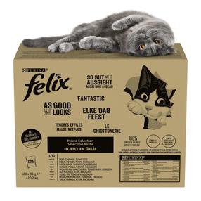 Mitrā kaķu barība Purina Felix Mix, liellopa gaļa/vistas gaļa/tunzivis, 0.085 kg x 120 gab.