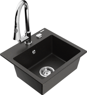 Кухонный умывальник с кухонным смесителем Mexen Milo Metallic black/gold+Chrome, гранит, 43 см x 41 см x 17.1 см, metallic black/gold+chrome цв.