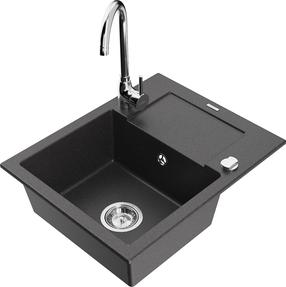 Plautuvė su virtuviniu maišytuvu Mexen Enzo Black granite+Chrome, granitas, 57 cm x 46 cm x 17.4 cm, black granite+chrome sp.