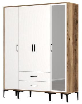 Riidekapp Kalune Design Kumsal STR, valge v./pähklipuu v., 47.5 cm x 160 cm x 201.4 cm, peegliga