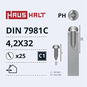 Саморез Haushalt DIN7981C, 4.2 мм x 32 мм, 25 шт.
