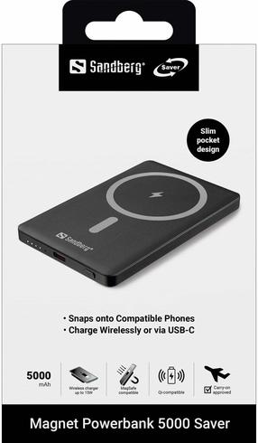Nešiojamas įkroviklis (Power bank) Sandberg Magnet Powerbank 5000 Saver, 5000 mAh, juoda sp.
