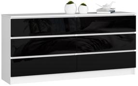 Komoda Akord K160 6SZ CLP, balta sp./juoda sp., 77 cm x 160 cm x 40 cm