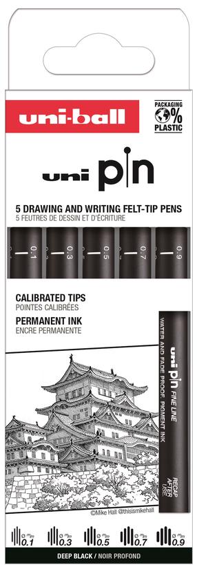 Маркер Uni-Ball Pin Fine Line, односторонние, черный цв., 5 шт.