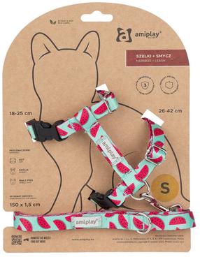 Kačių petnešos su pavadėliu Amiplay BeHappy, 150 cm x 15 mm, rožinė sp./žydra sp.